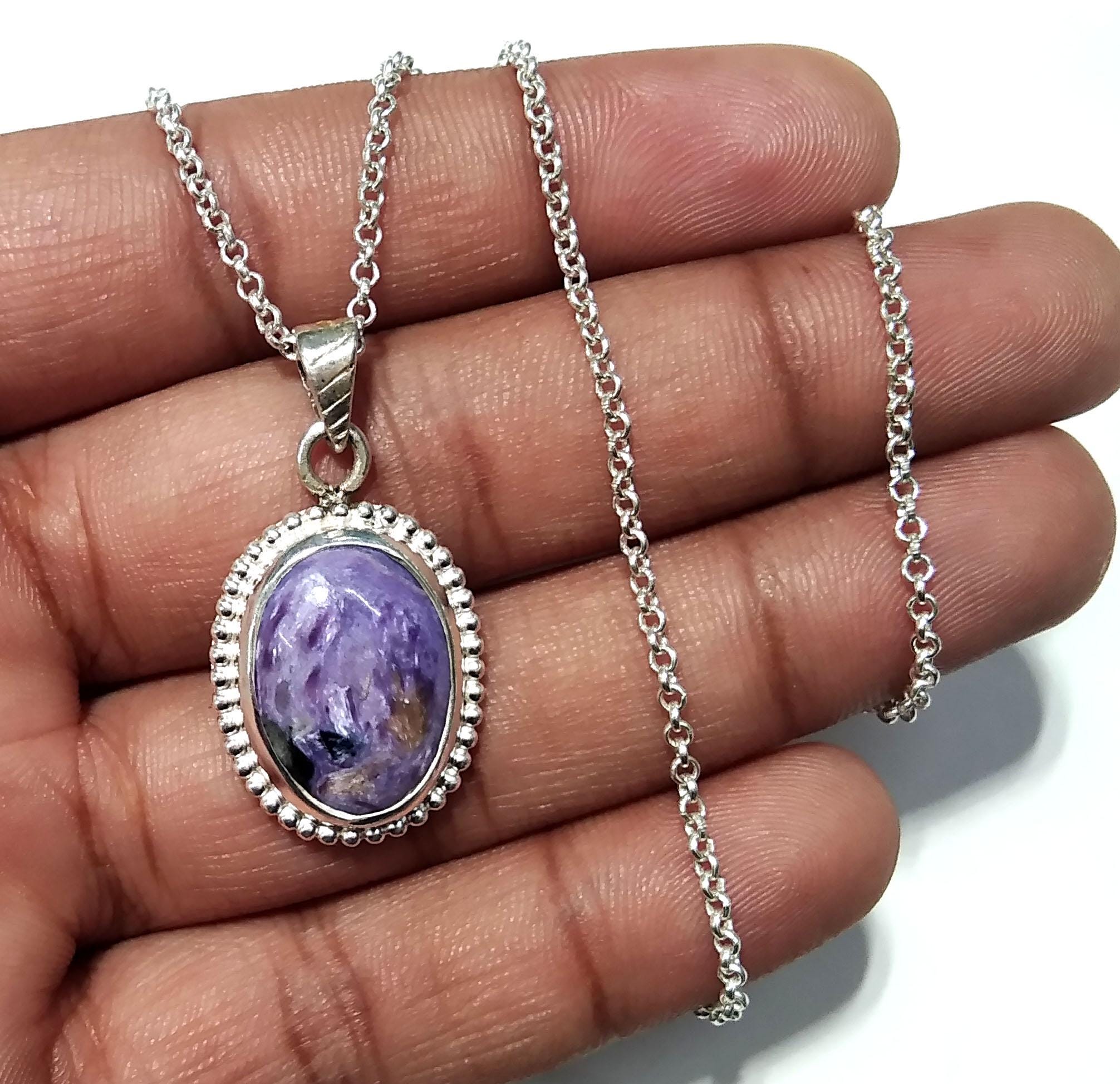 Natural Charoite Gemstone Pendant Chain Necklace, 925 Starling Silver Pendant, Handmade Good Color Purple Stone Pendant, Gift For Women.